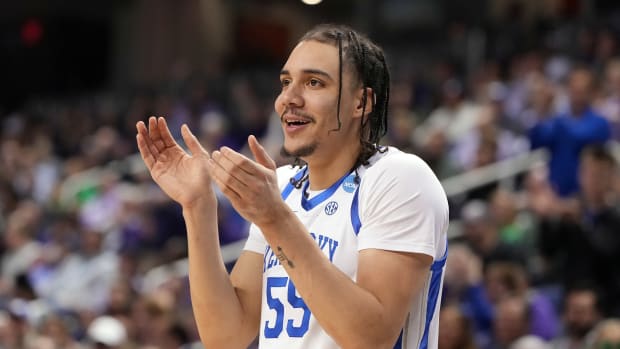 Mar 17, 2023; Greensboro, NC, USA; Kentucky Wildcats forward Lance Ware (55) reacts in the first half against the Providence Friars at Greensboro Coliseum. Mandatory Credit: Bob Donnan-USA TODAY Sports